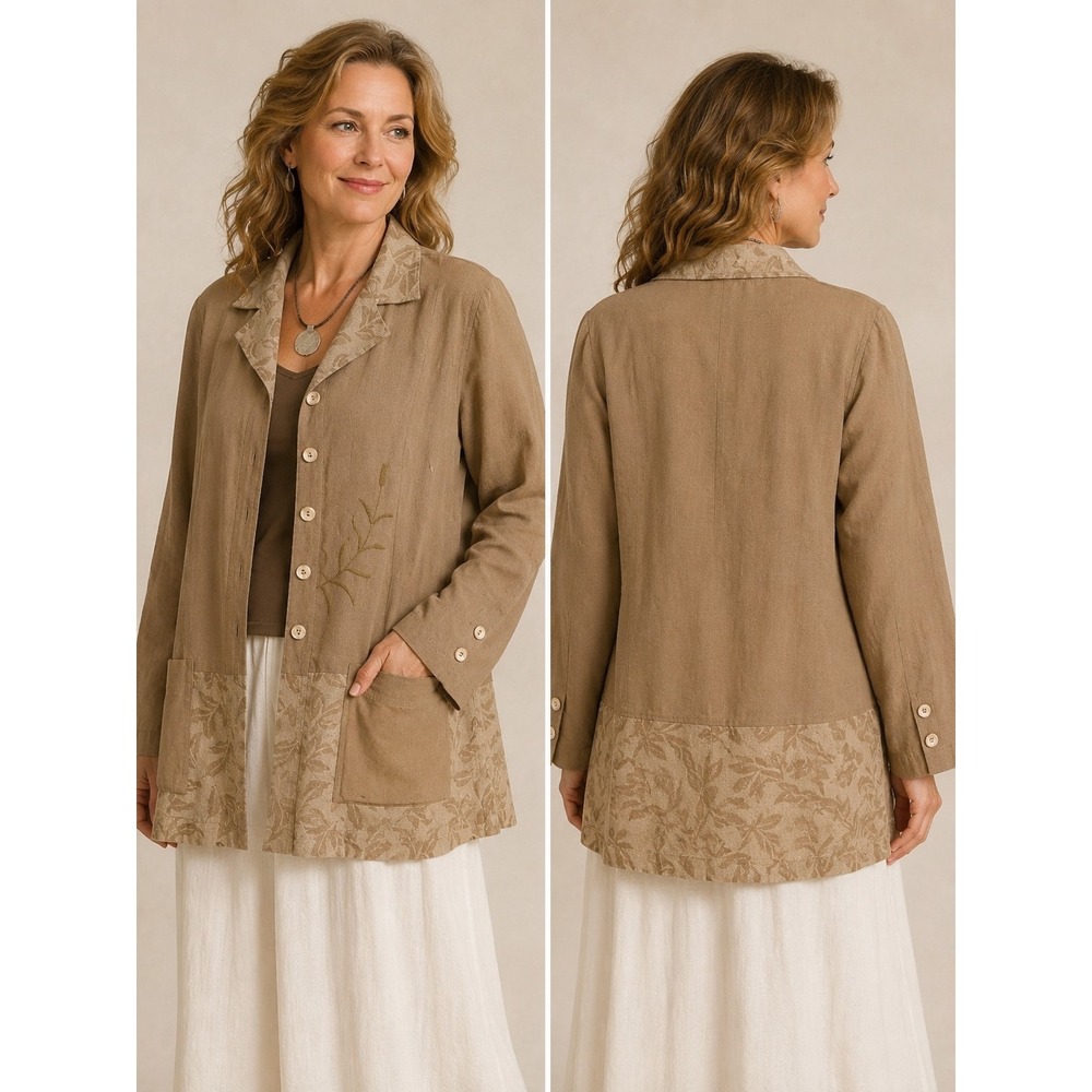 Wildroot Lagenlook Shirt Small Jacket Tan Embroidered Silk Linen  Boho